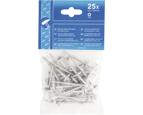 25 vis de ferblantier 4,5 x 65 millimètres acier inoxydable A2
