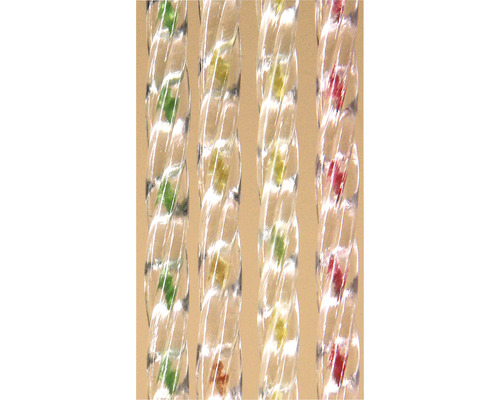 Gros plan de quatre fibres optiques transparentes en spirale avec un intérieur vert, jaune, orange et rouge