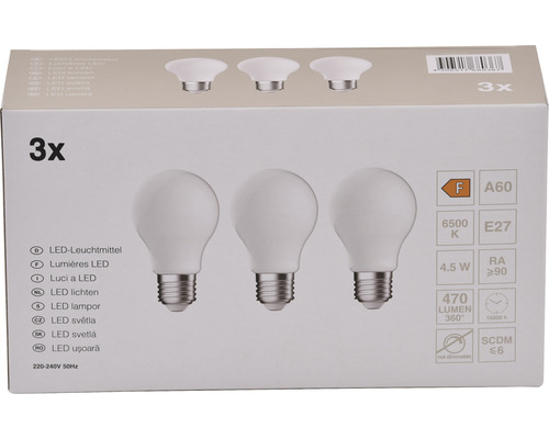 Verpackung mit drei LED Leuchtmitteln E27