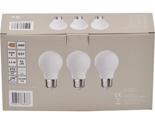 Verpackung mit drei LED-Leuchtmitteln A60, E27 Sockel, 4,5 Watt, 470 Lumen