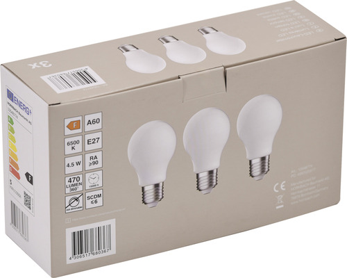 Verpackung mit drei LED-Lampen, Fassung E27, Form A60