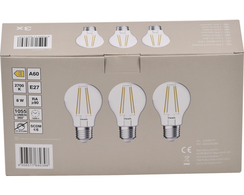 Verpackung mit drei LED Leuchtmitteln A60, E27, 8 Watt