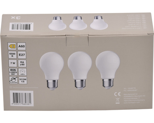 Verpackung mit drei LED Leuchtmitteln mit E27 Fassung