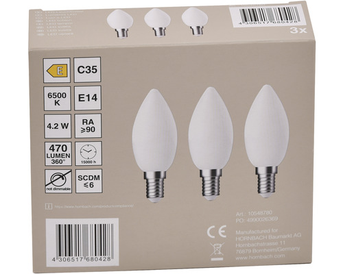Verpackung mit drei LED Leuchtmitteln in Tropfenform, E14 Fassung, 4,2 Watt, 470 Lumen