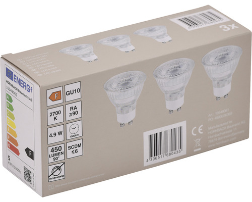 Verpackung mit drei GU10 LED Lampen, Energieeffizienzklasse F, 4,9 Watt, 2700 Kelvin.