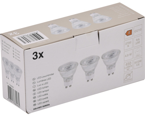 Verpackung mit drei LED-Leuchtmitteln GU10
