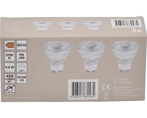 Verpackung mit drei GU10 LED Lampen, Energieeffizienzklasse F, 4.9 Watt, 2700 Kelvin, nicht dimmbar