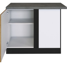 Meuble bas de cuisine avec une porte ouverte et deux étagères