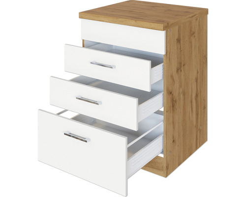 Commode avec trois tiroirs ouverts aspect bois