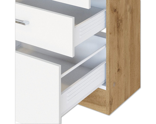 Armoire coulissante avec tiroirs blancs et corps en bois