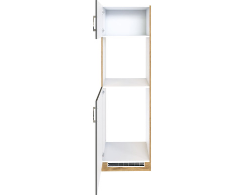 Armoire haute ouverte avec deux étagères et deux portes