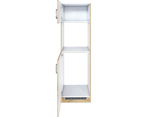 Armoire haute de cuisine ouverte avec deux portes et étagères