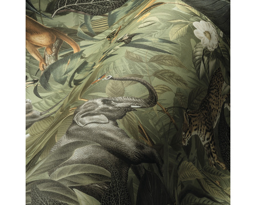 Papier peint avec motif de jungle avec éléphant, singe, oiseau et félin