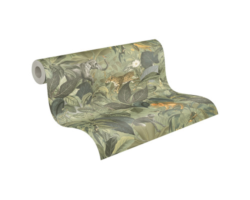 Rouleau de papier peint avec motif de jungle avec éléphant, léopard, singes, feuilles et plantes