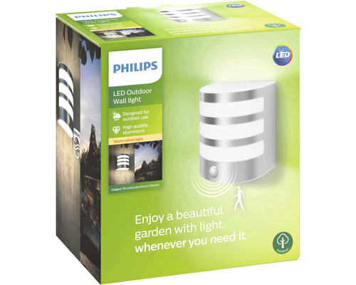 Emballage d''un luminaire mural extérieur LED Philips Calgary en aluminium brossé avec détecteur