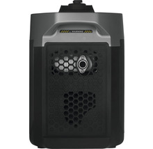 Vue arrière d''un générateur électrique avec avertissement et grille de ventilation