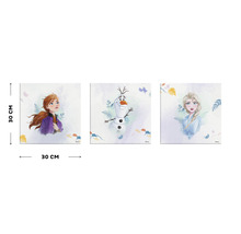 Tableau sur toile en trois parties avec Anna, Elsa et Olaf de la Reine des neiges, chacun mesurant 30 sur 30 centimètres