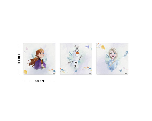 Tableau sur toile en trois parties avec Anna, Elsa et Olaf de la Reine des neiges, chacun mesurant 30 sur 30 centimètres