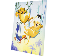 Tableau sur toile avec des lionceaux jouant et un oiseau