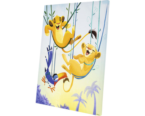 Tableau sur toile avec des lionceaux jouant et un oiseau