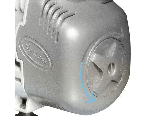 Vue détaillée d''une pompe avec l''inscription ''Tirer pour ouvrir'' et des flèches indiquant le sens de rotation.