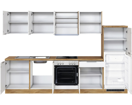 Komplette Küche mit Spüle, Herd, Backofen, Kühlschrank und Schränken