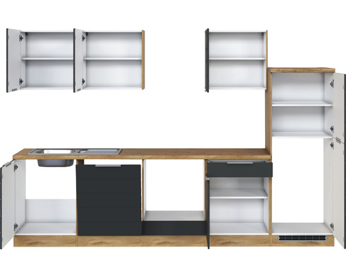 Küchenzeile mit Spüle, Schubladen und Schränken