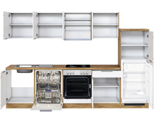 Küchenzeile mit Spüle, Geschirrspüler, Herd, Backofen und Kühlschrank