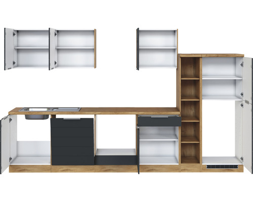 Cuisine équipée avec évier, tiroirs et placards