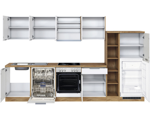 Komplette Küche mit Spüle, Geschirrspüler, Herd, Backofen, Schublade, Kühlschrank und Schränken