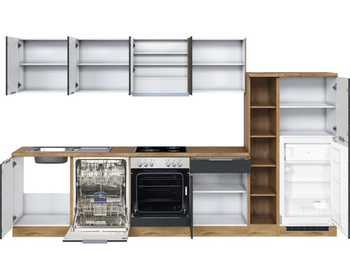 Cuisine équipée avec évier, lave-vaisselle, cuisinière, four, tiroirs, armoires et réfrigérateur