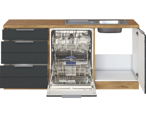 Küchenzeile mit Spüle, Geschirrspüler und Schubladen