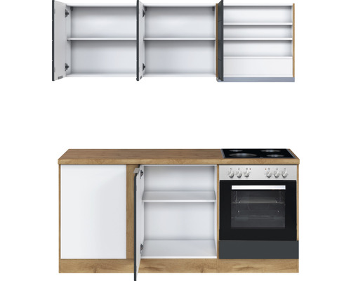 Küchenzeile mit Hängeschränken, Unterschränken und Einbauherd