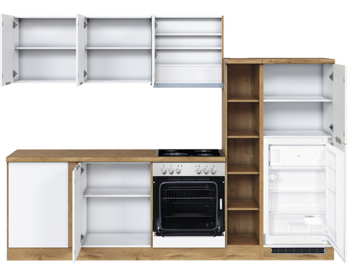 Küchenzeile mit Elektroherd, Kühlschrank und Ober- und Unterschränken