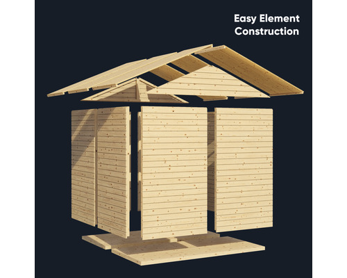 Présentation éclatée d''un abri de jardin avec une construction d''éléments simple