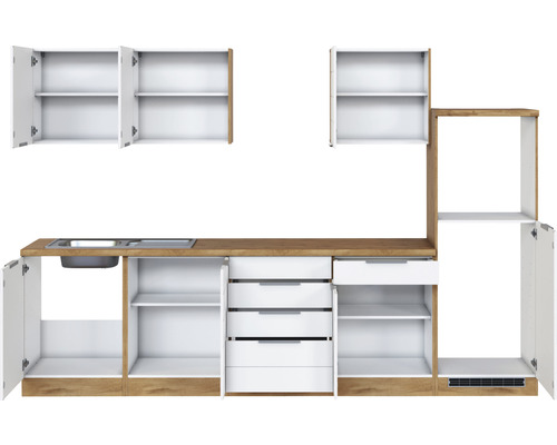 Cuisine linéaire avec évier, armoires et tiroirs