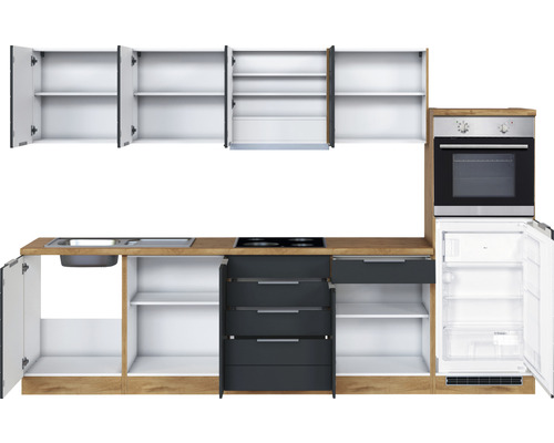 Küchenzeile mit Spüle, Kochfeld, Schubladen, Backofen und Kühlschrank