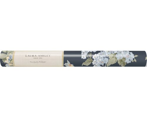 Laura Ashley Logo. Rolle mit Blumentapete