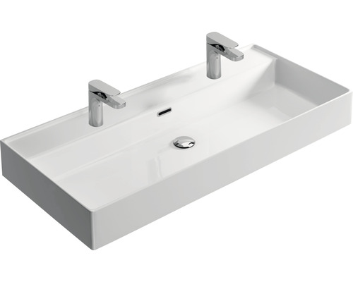 Vasque rectangulaire double en céramique avec deux robinets