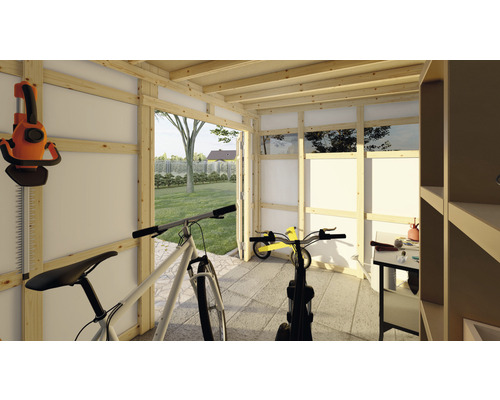 Abri de jardin en bois avec outils de jardin, vélos et étagères