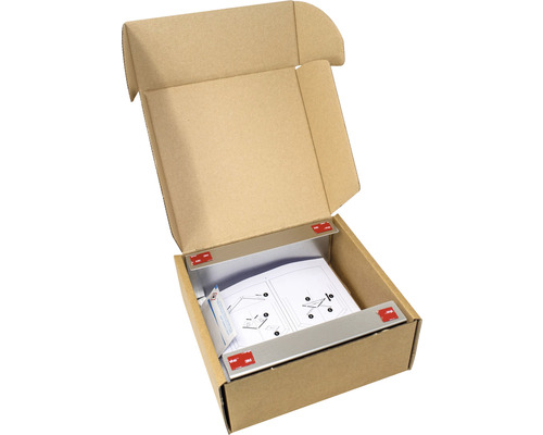 Offener Karton mit Montageanleitung und Montagematerial