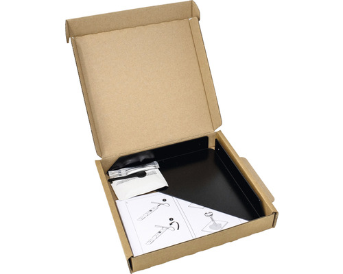 Offene Verpackung mit schwarzer Regalplatte, Montagematerial und Anleitung.