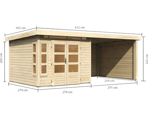 Abmessungen eines Holz Gartenhauses mit Anbau