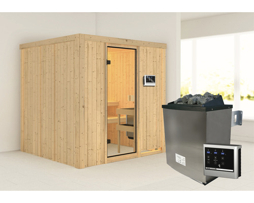 Sauna modulaire Karibu Marleen avec poêle 9 kW et commande extérieure, sans couronne, avec porte entièrement vitrée coloris bronze