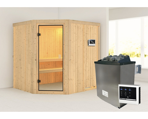 Sauna modulaire Karibu Romy avec poêle 9 kW et commande extérieure, sans couronne, avec porte entièrement vitrée coloris bronze