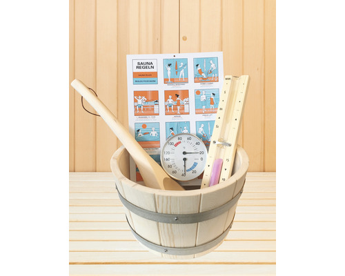 Set de seau de sauna avec louche, thermomètre et règles du sauna