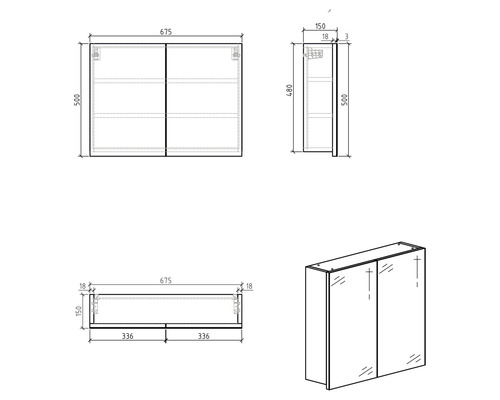 Dessin technique d''une armoire de toilette avec dimensions