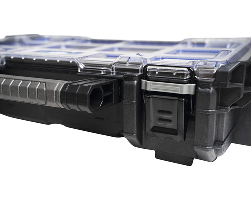 Vue détaillée d''une boîte à outils noire avec couvercle transparent et poignée