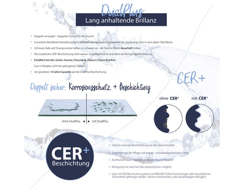 Informationen zu DualPlus und CER Plus Beschichtungen für Duschkabinen, die Korrosionsschutz bieten