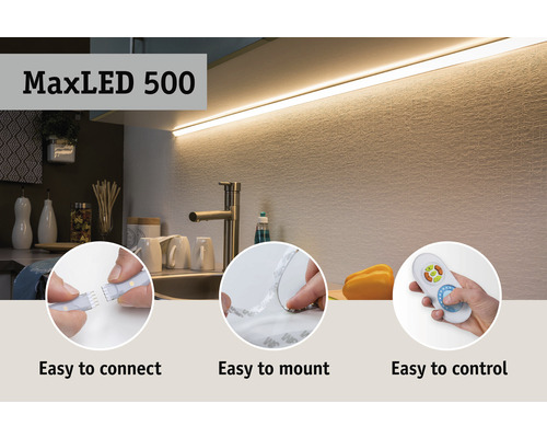 Bande LED MaxLED 500 dans une cuisine avec évier et accessoires, montage et contrôle faciles